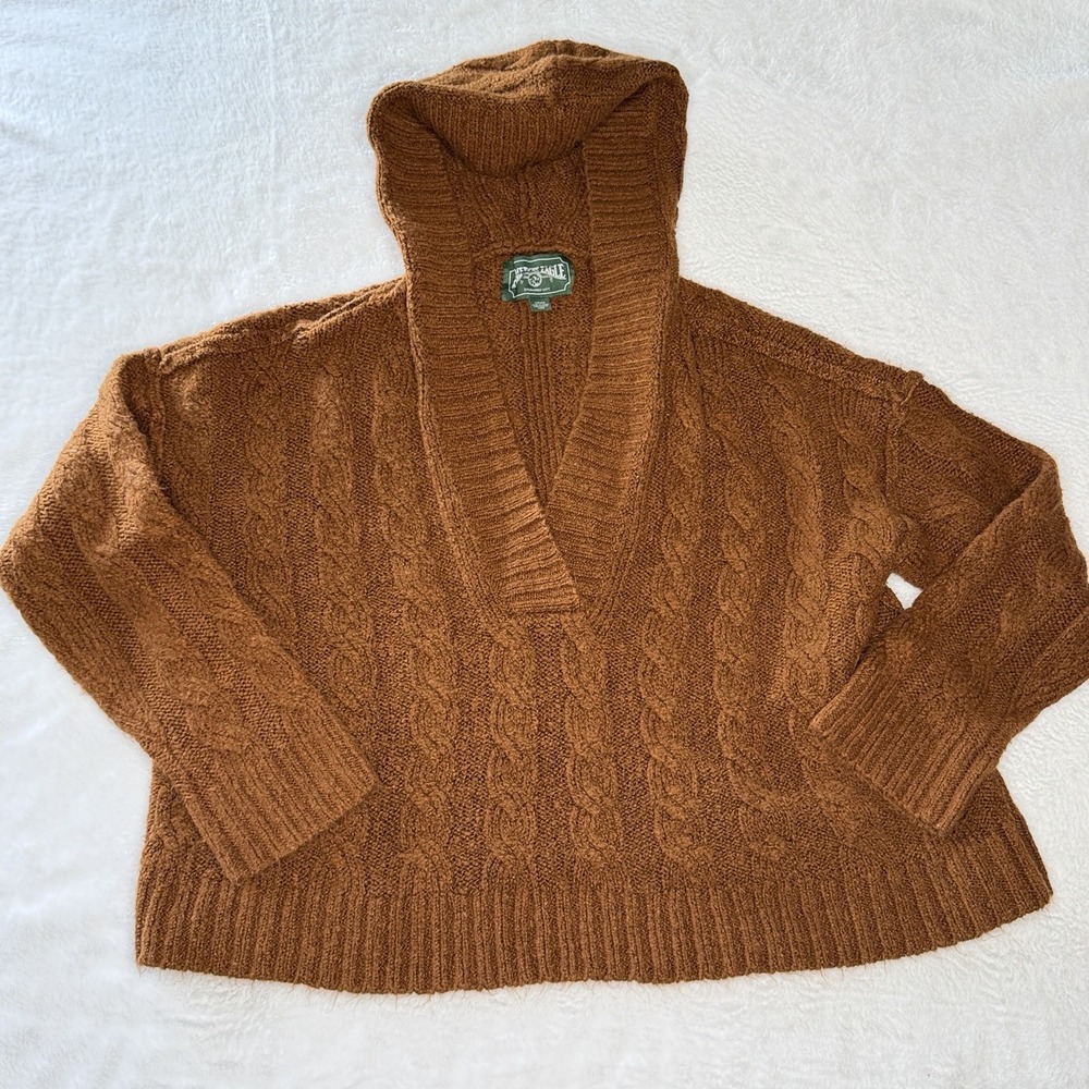 American Eagle Women S Brown Cable Knit Hooded Shawl Collar Pullover Sweater